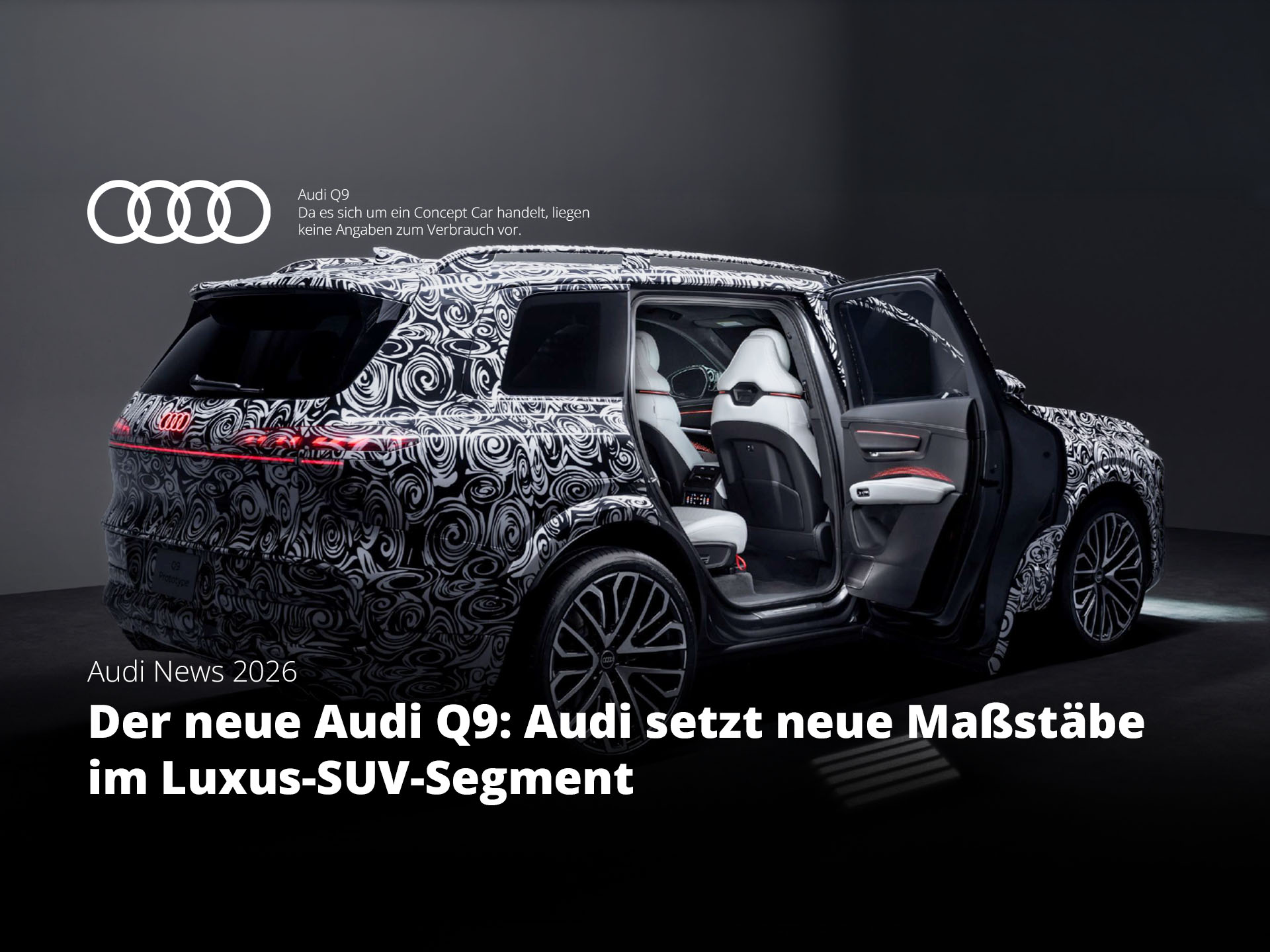 Audi Q9 als getarntes Full-Size-SUV mit geöffneten Fondtüren und markanter Lichtsignatur