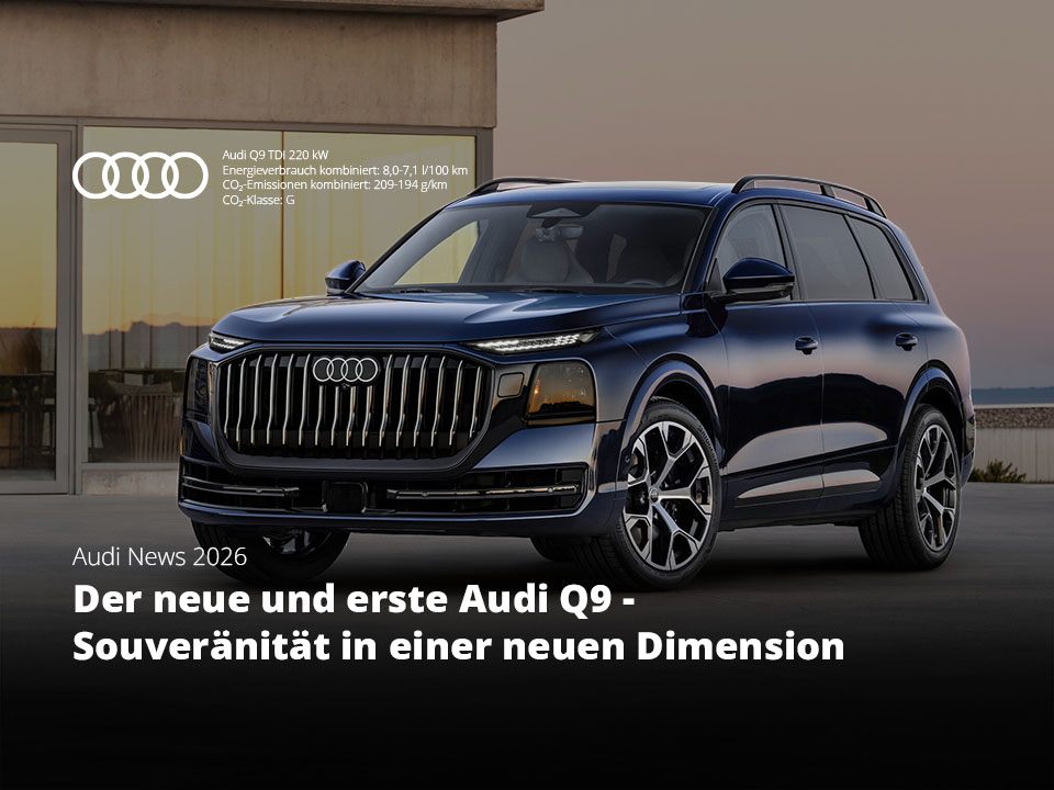Blauer Audi Q9 TDI in Front-Seitenansicht vor einem modernen Gebäude - ROSIER