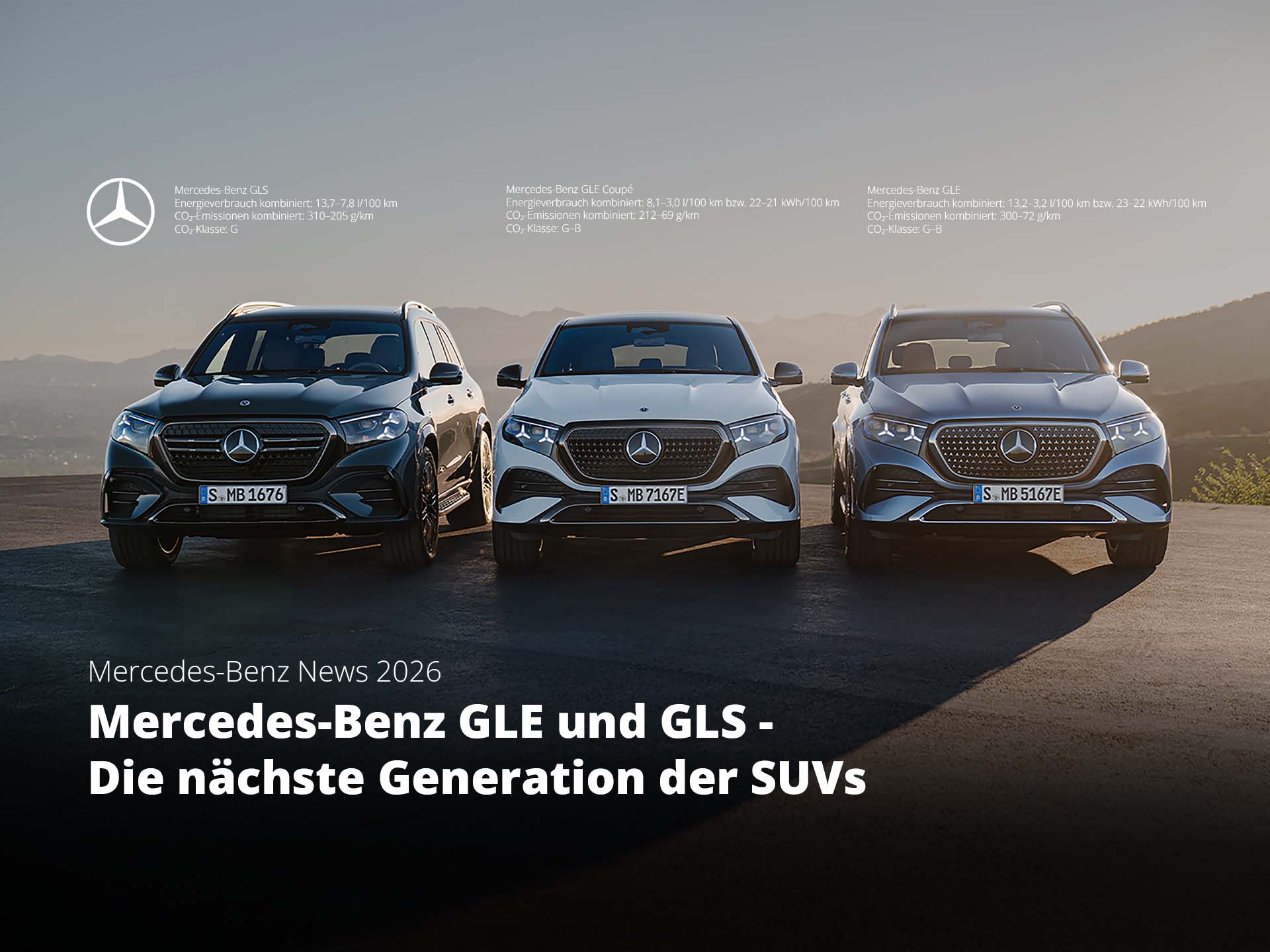 Mercedes-Benz GLE, GLE Coupé und GLS der neuen Modellgeneration nebeneinander mit moderner Frontansicht und Berglandschaft im Hintergrund.